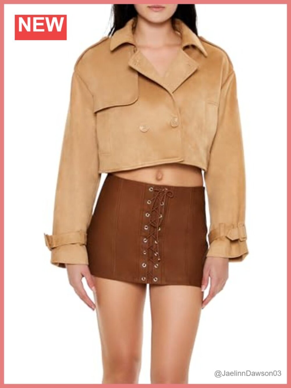 Faux Suede Cropped Trench Coat Notched Collar Double Breasted Slant Pockets